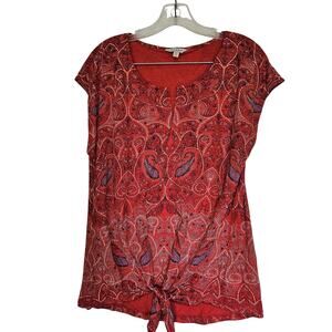 Lucky Brand Medium Red White Blue Paisley Tie Waist Popover Top Cotton Festival